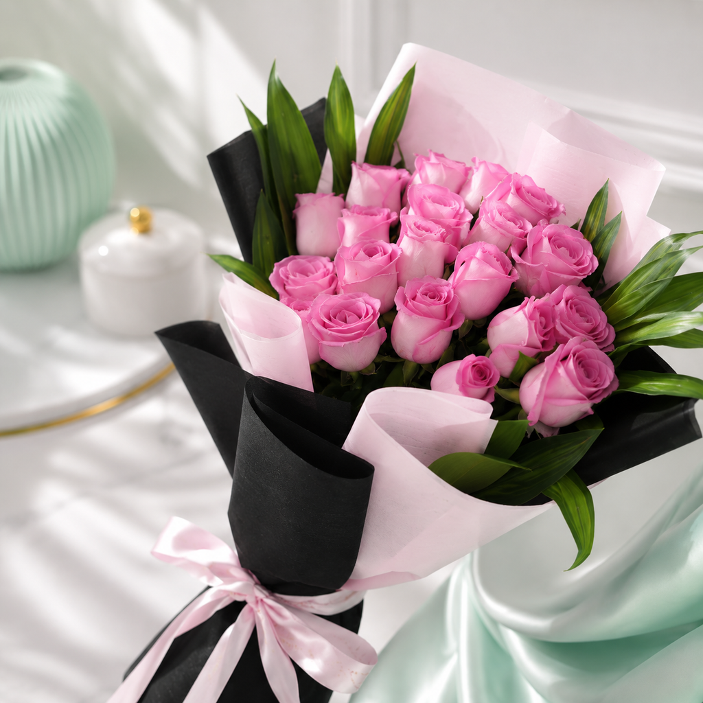 Elegant 20 Pink Roses Bouquet with Green Fillers