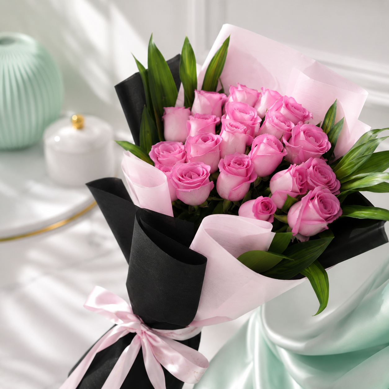 Elegant 20 Pink Roses Bouquet with Green Fillers