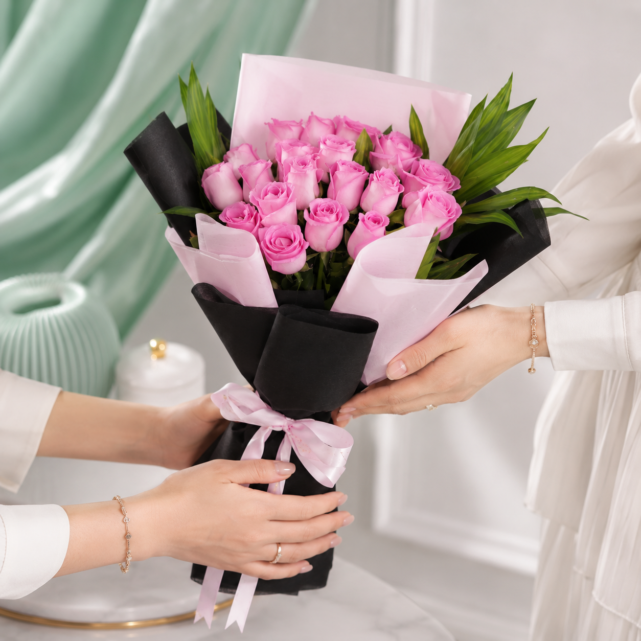 Elegant 20 Pink Roses Bouquet with Green Fillers