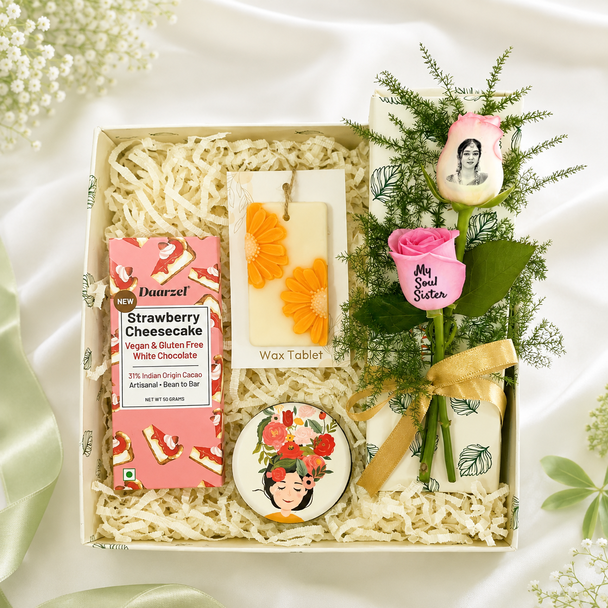 Personalized Soul Sister Gift Box with Chocolate, Fridge Magnet & Custom Roses