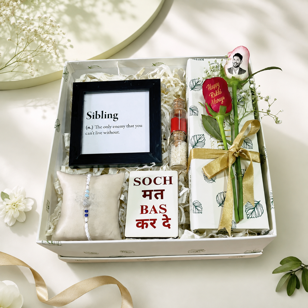 Quirky Beaded Rakhi Hamper with Bold Magnet, Photo Frame & Custom Rose