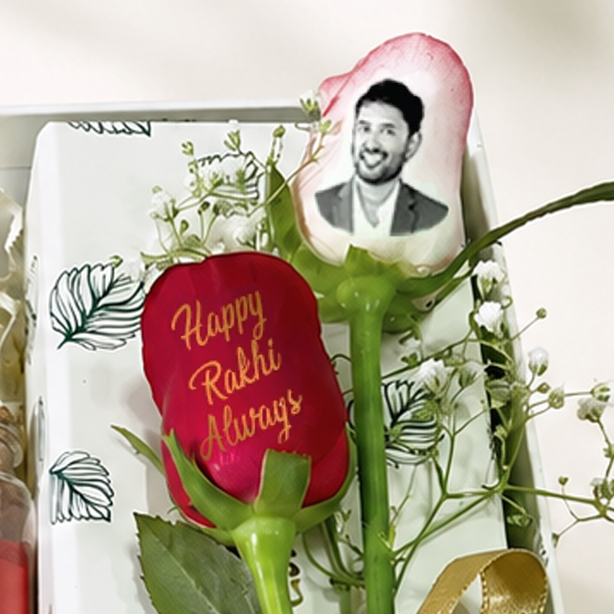 Quirky Beaded Rakhi Hamper with Bold Magnet, Photo Frame & Custom Rose