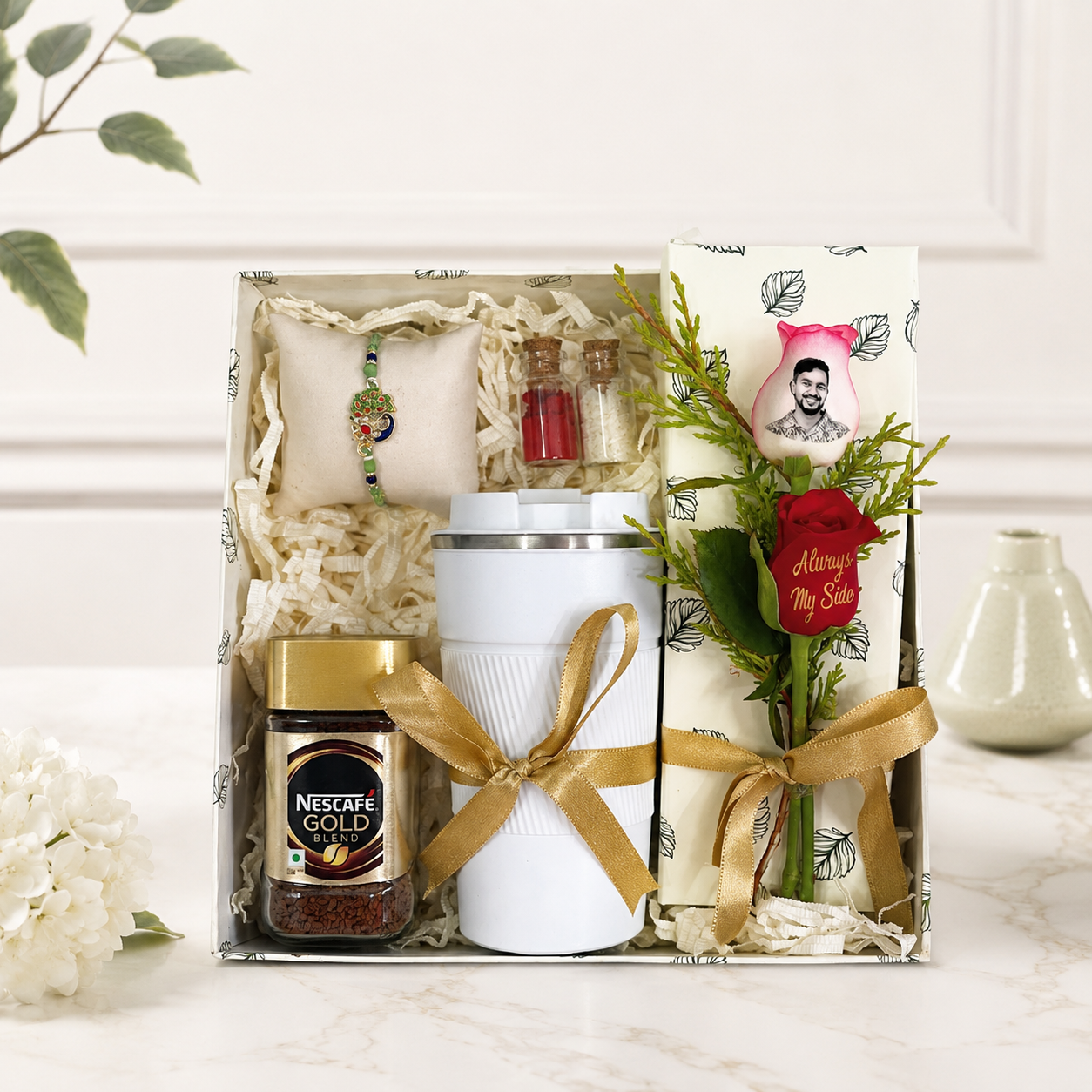 Rakhi Gift for Brother with Coffee Flask & Custom Rose