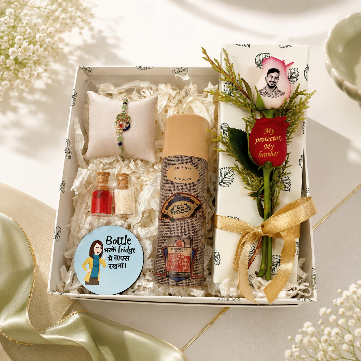 Rakhi Hamper for Brother with Designer Peacock Rakhi, Deo & Personalized Rose