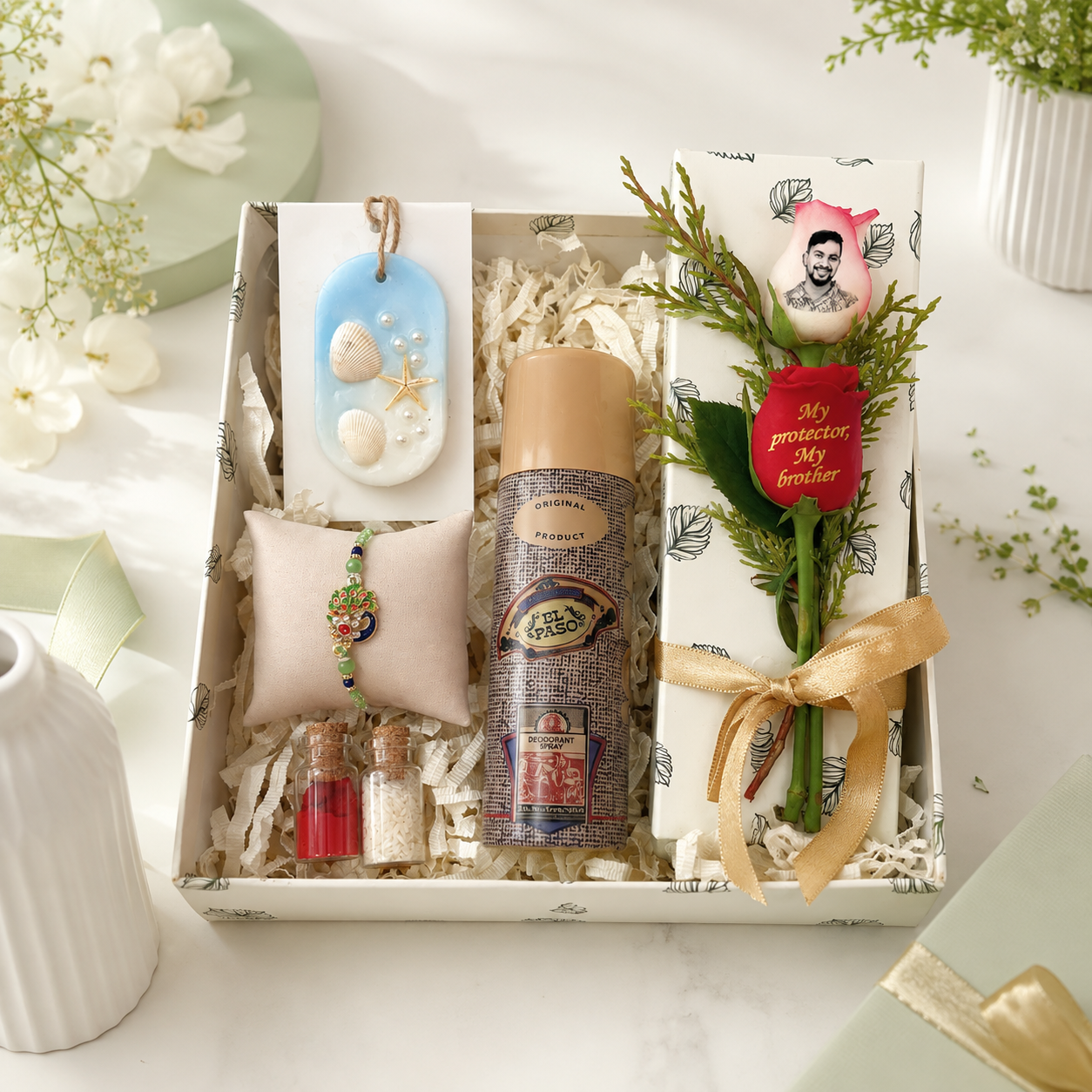 Rakhi Hamper with Photo Rose, Deo, Fragrance Bar & Rakhi for Brother