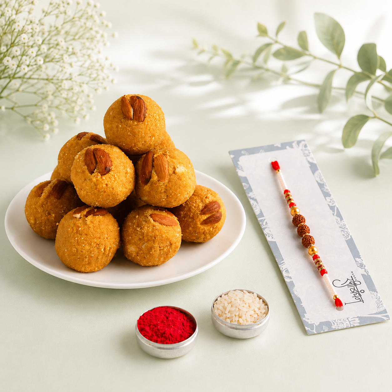 Rudraksha Beaded Rakhi with Delicious Besan Laddoos