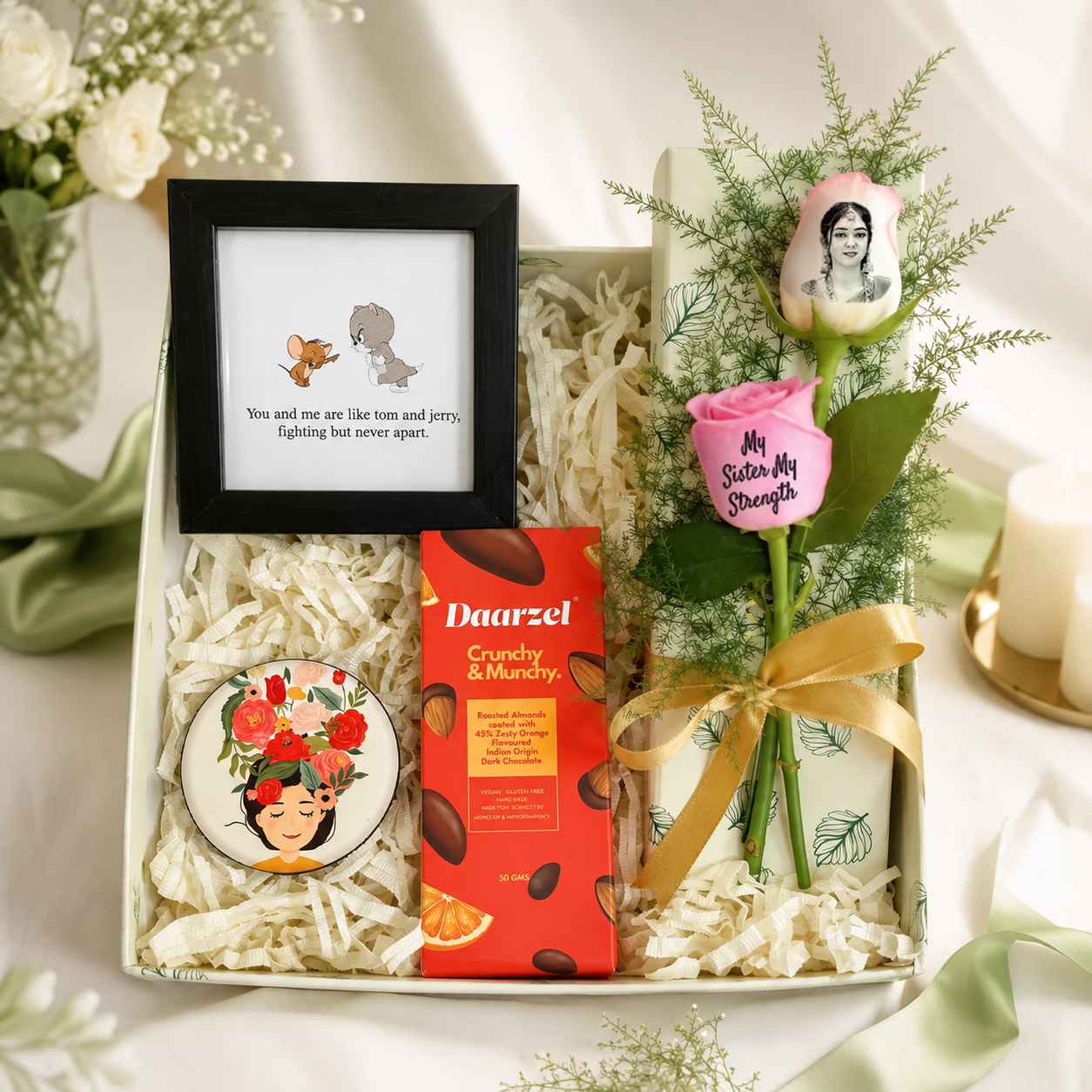 Sister Bond Gift Box with Frame, Chocolate & Custom Roses