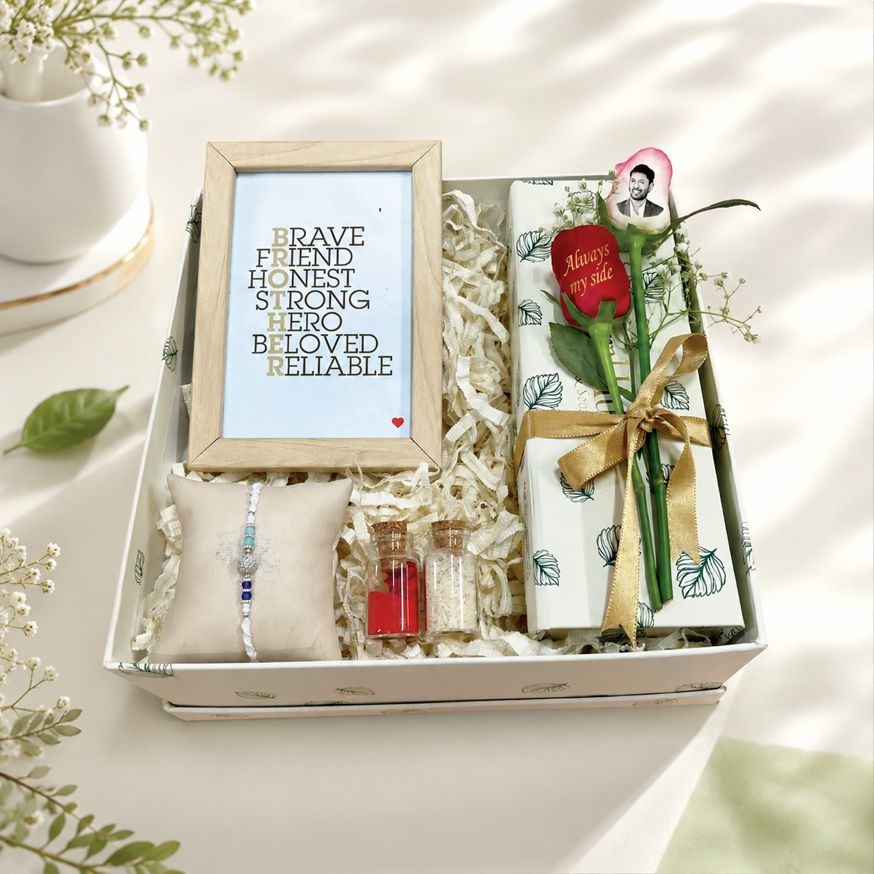 Stylish Beaded Rakhi Gift Box with Photo Frame & Personalized Rose