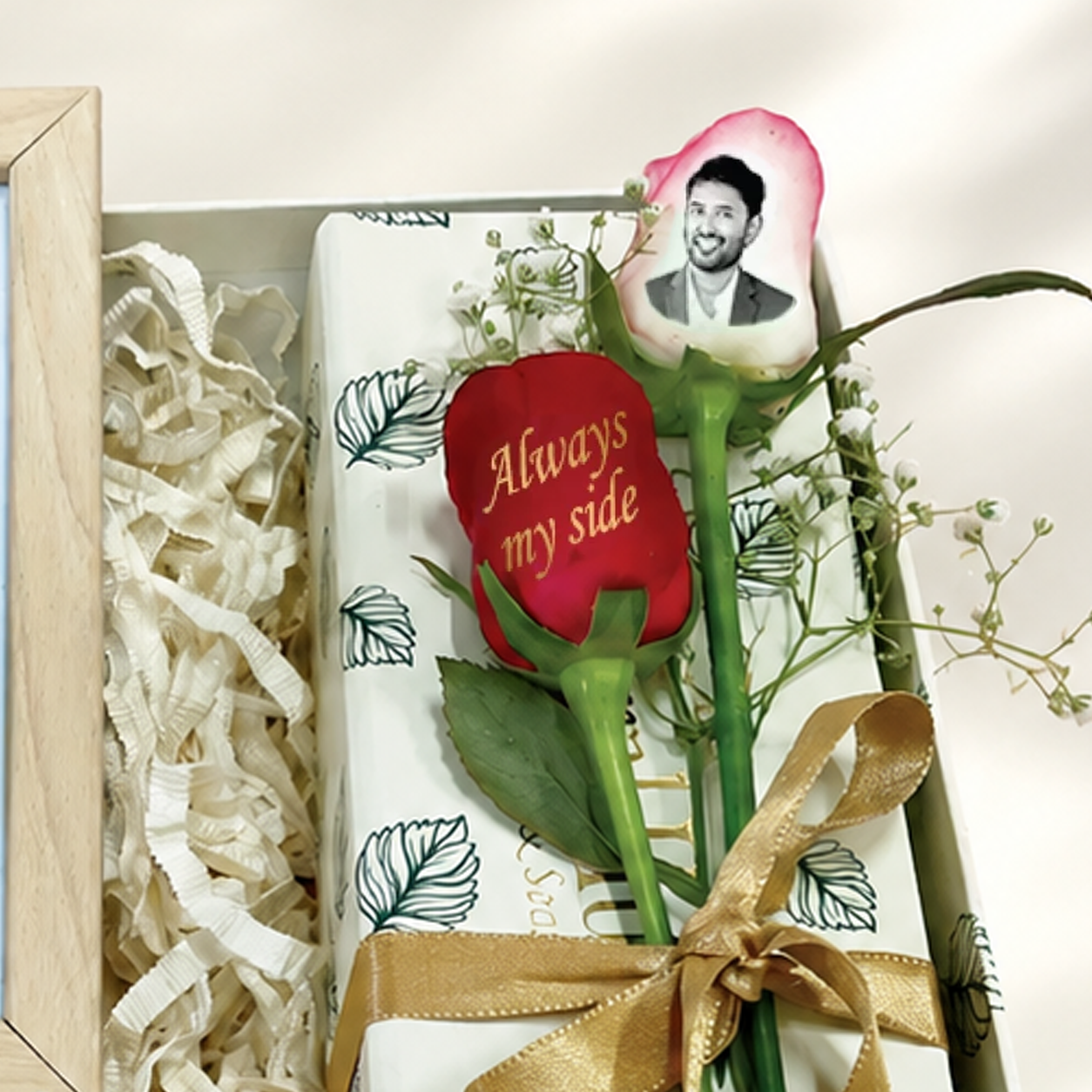 Stylish Beaded Rakhi Gift Box with Photo Frame & Personalized Rose