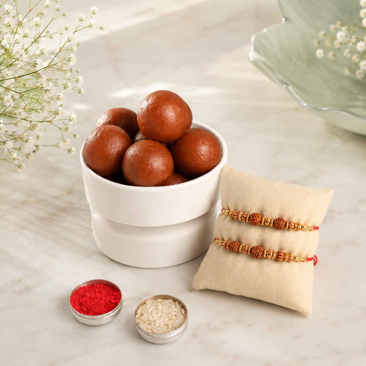 Traditional Beaded Rakhi with Sweet Gulab Jamun Treat - Set of 2