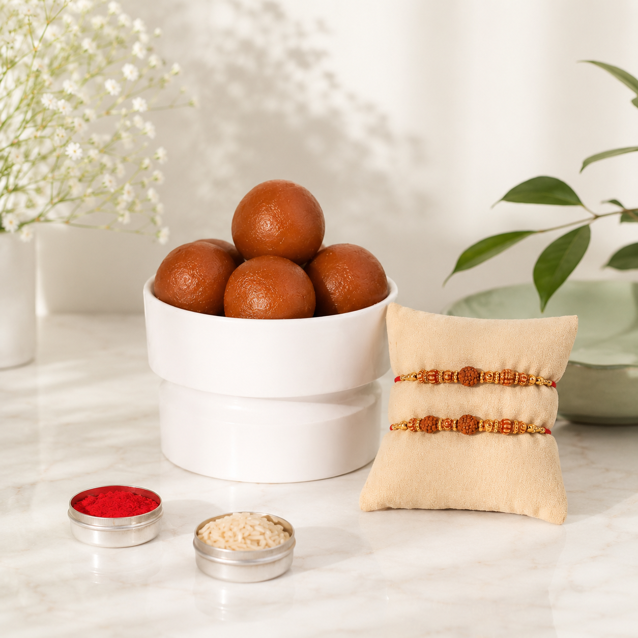 Traditional Beaded Rakhi with Sweet Gulab Jamun Treat - Set of 2