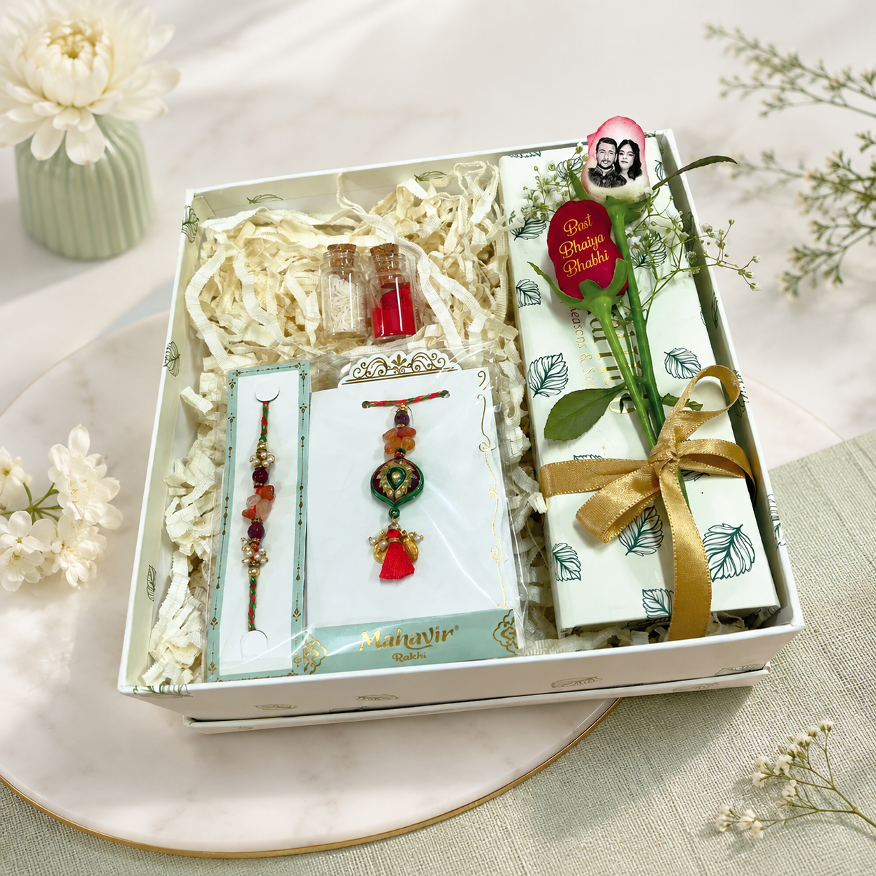 Trendy Bhaiya Bhabhi Lumba Rakhi Hamper with Personalized Photo Rose & Roli Chawal