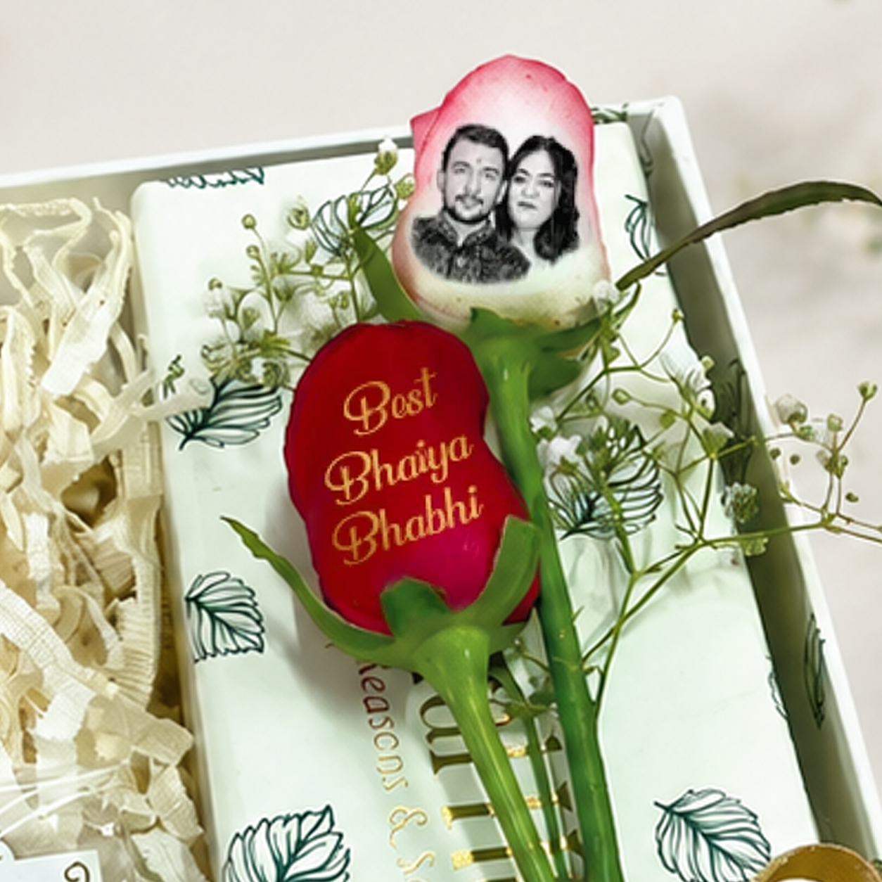 Trendy Bhaiya Bhabhi Lumba Rakhi Hamper with Personalized Photo Rose & Roli Chawal