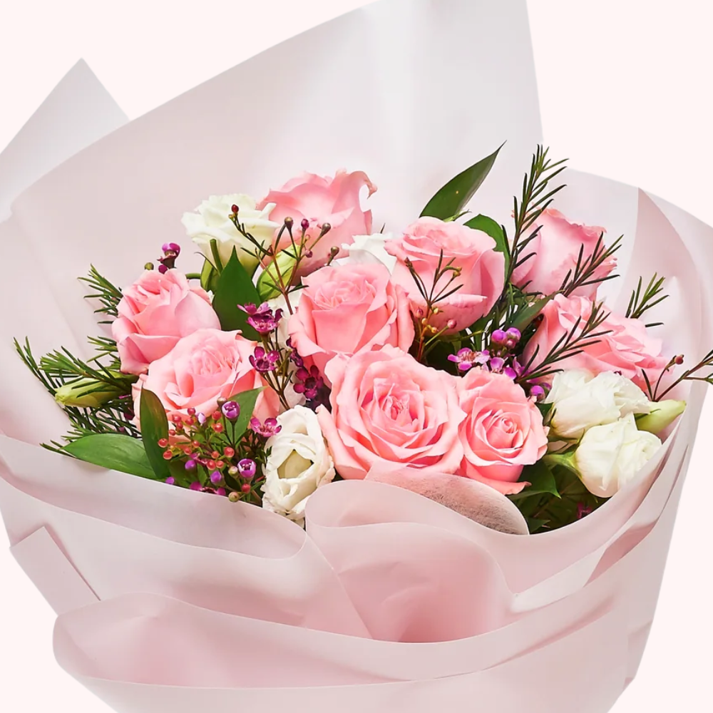 Affectionate Pink Roses with  Greens Filler