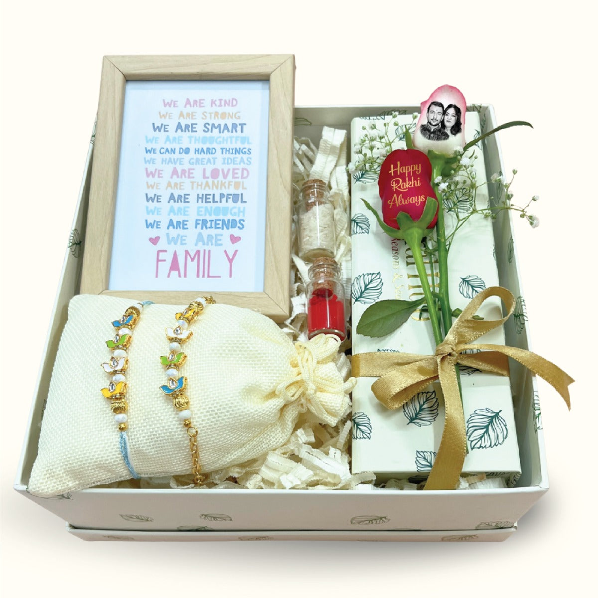 Minakari Bhaiya Bhabhi Rakhi Gift Box with Photo Frame & Personalized Roses