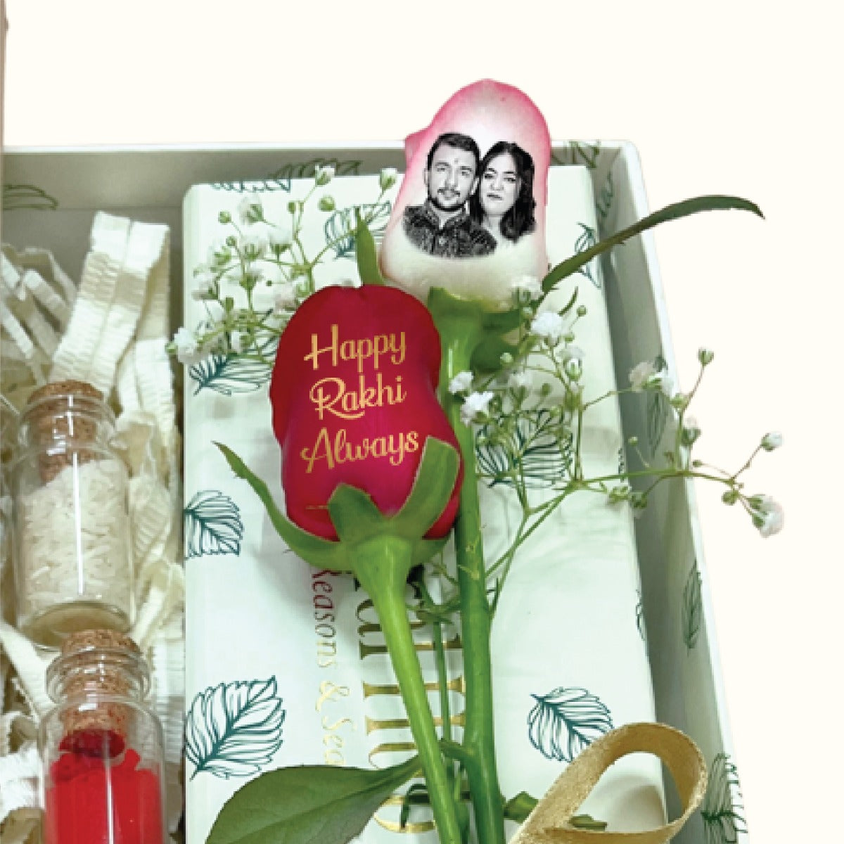 Minakari Bhaiya Bhabhi Rakhi Gift Box with Photo Frame & Personalized Roses