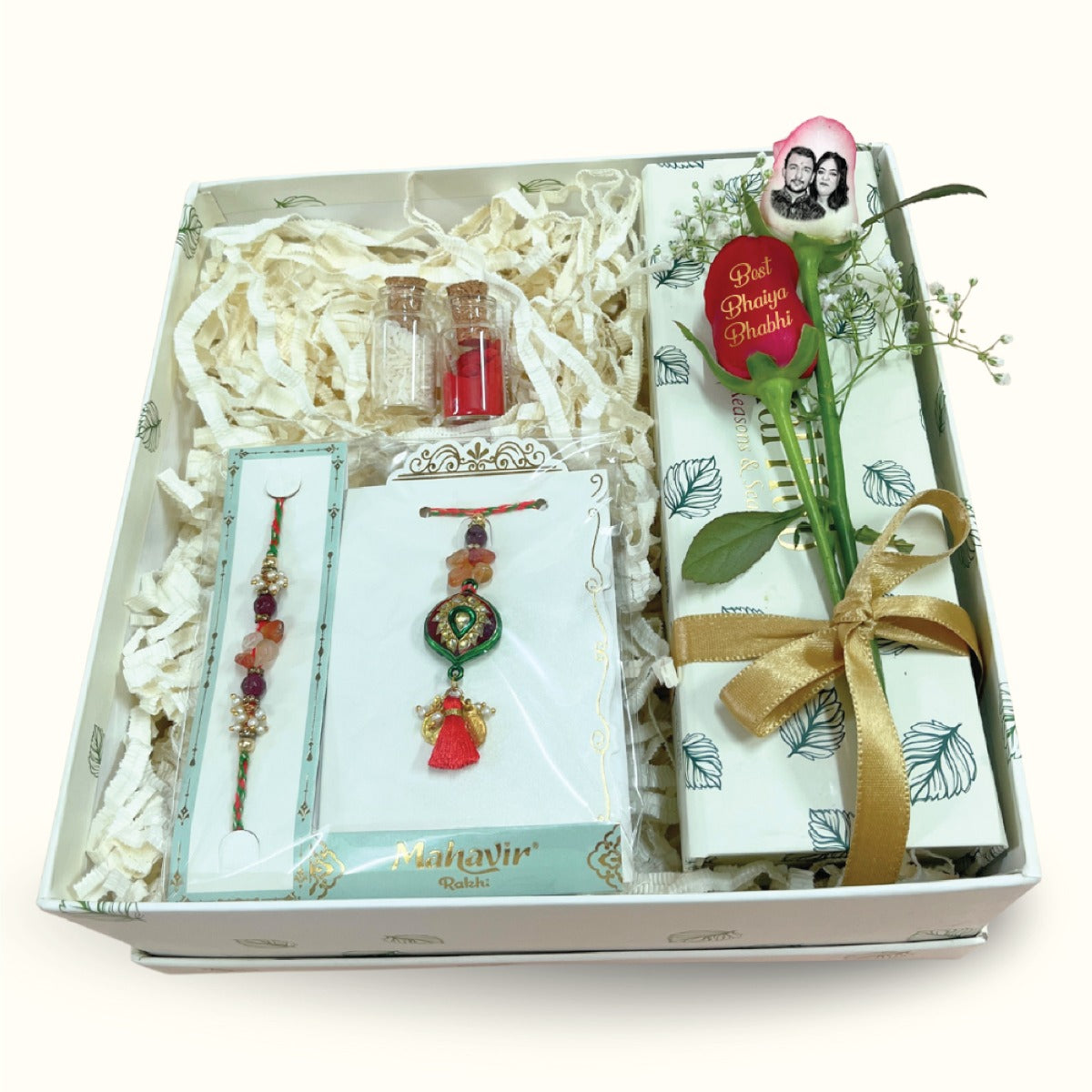 Trendy Bhaiya Bhabhi Lumba Rakhi Hamper with Personalized Photo Rose & Roli Chawal