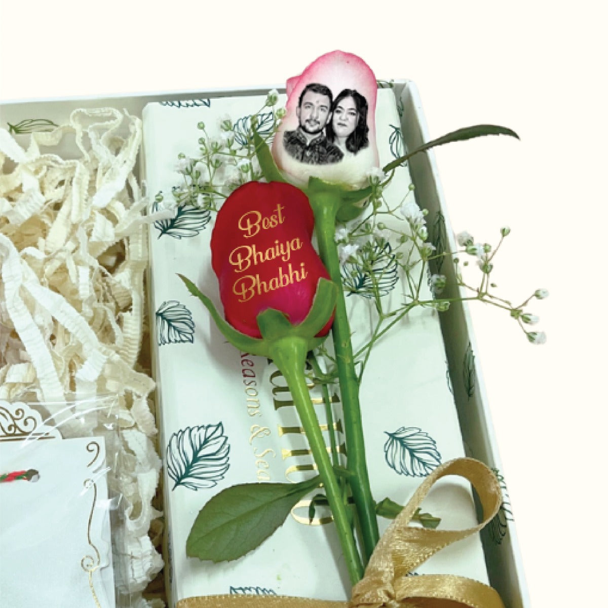 Trendy Bhaiya Bhabhi Lumba Rakhi Hamper with Personalized Photo Rose & Roli Chawal