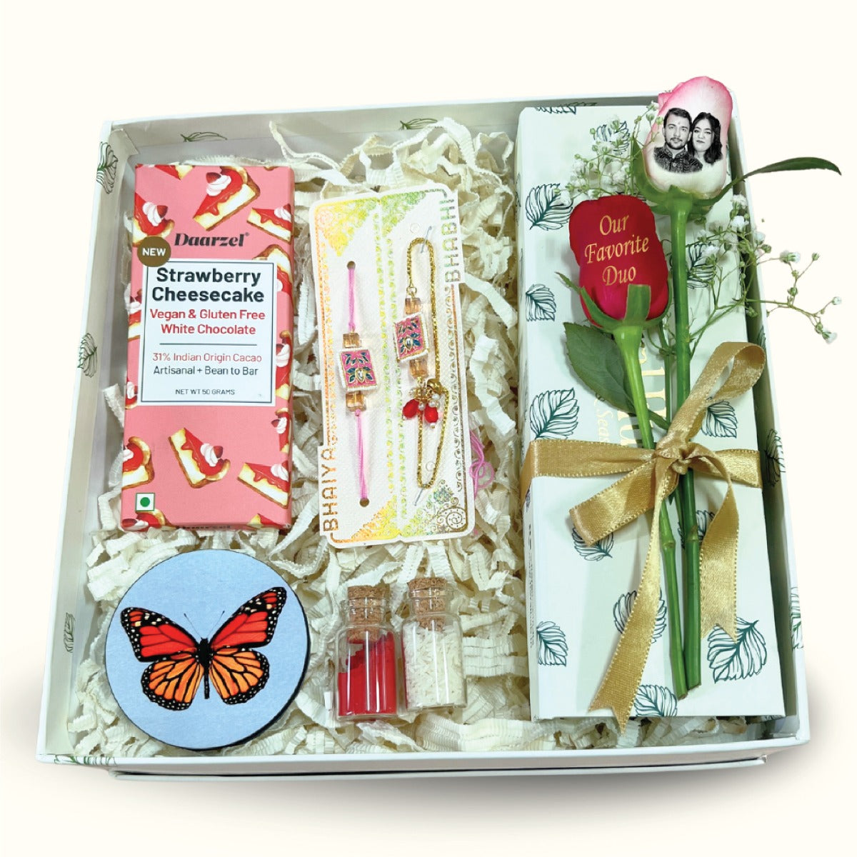 Bhaiya Bhabhi Rakhi Gift Box with Chocolate, Photo Rose