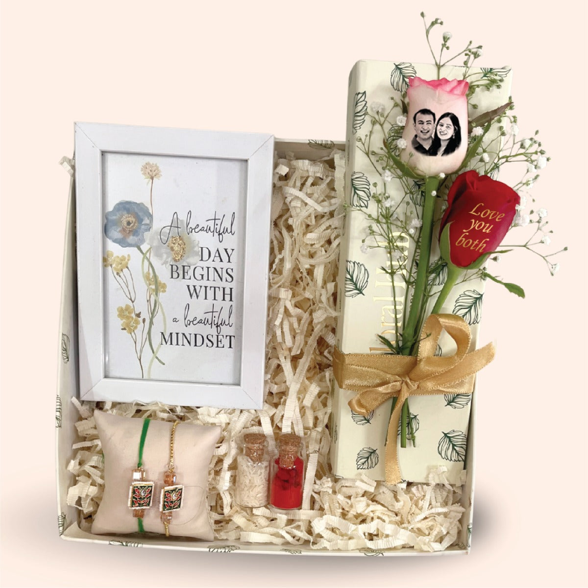 Bhaiya Bhabhi Rakhi Gift Box – Mindset Frame, Custom Roses & Designer Rakhi Set