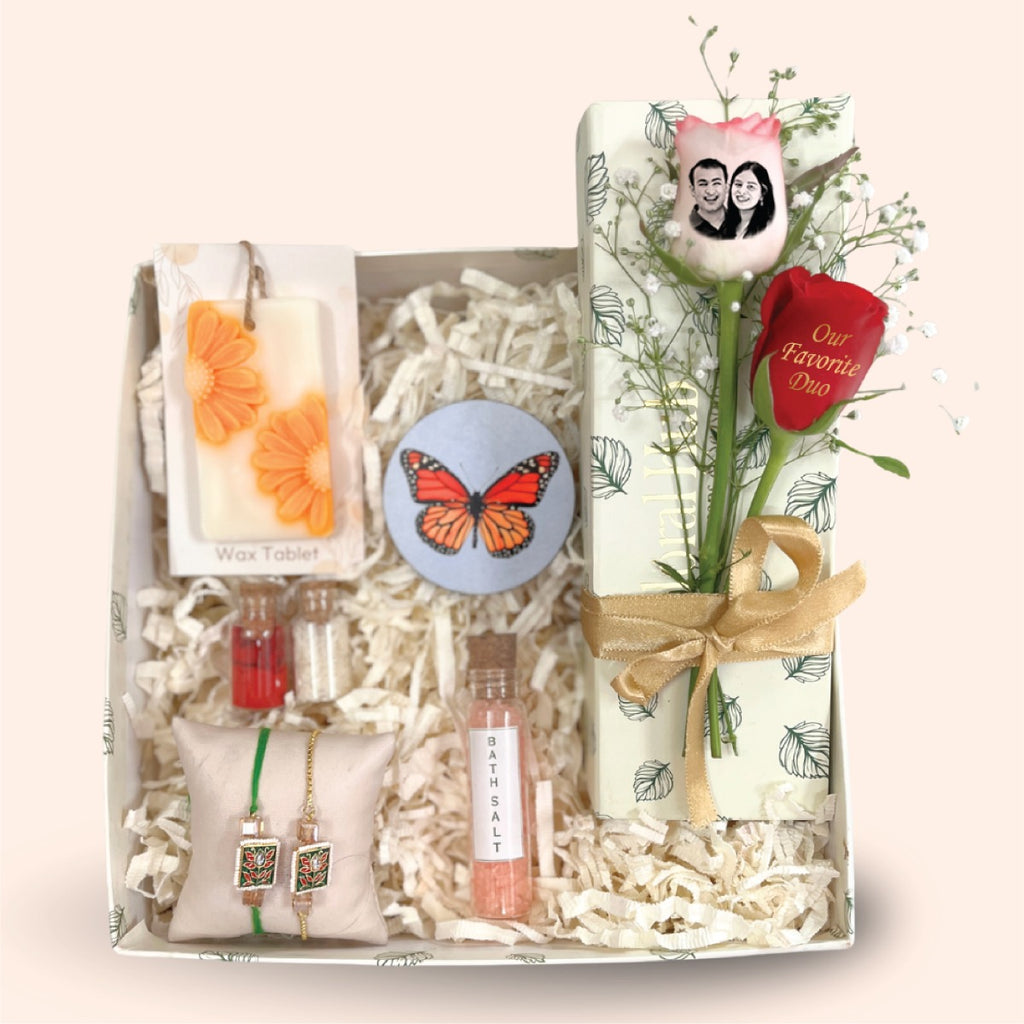 Butter Glow Bhaiya Bhabhi Rakhi Box – Floral Wax, Bath Salt & Roses