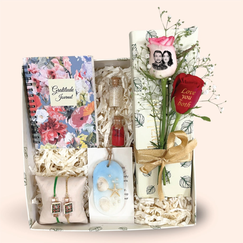 Bhaiya Bhabhi Rakhi Box with Journal, Photo Rose & More