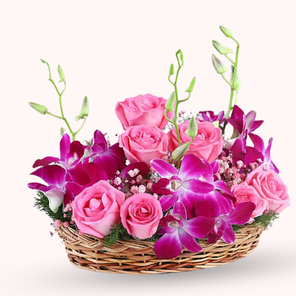 Elegant Pink Rose and Orchid Basket