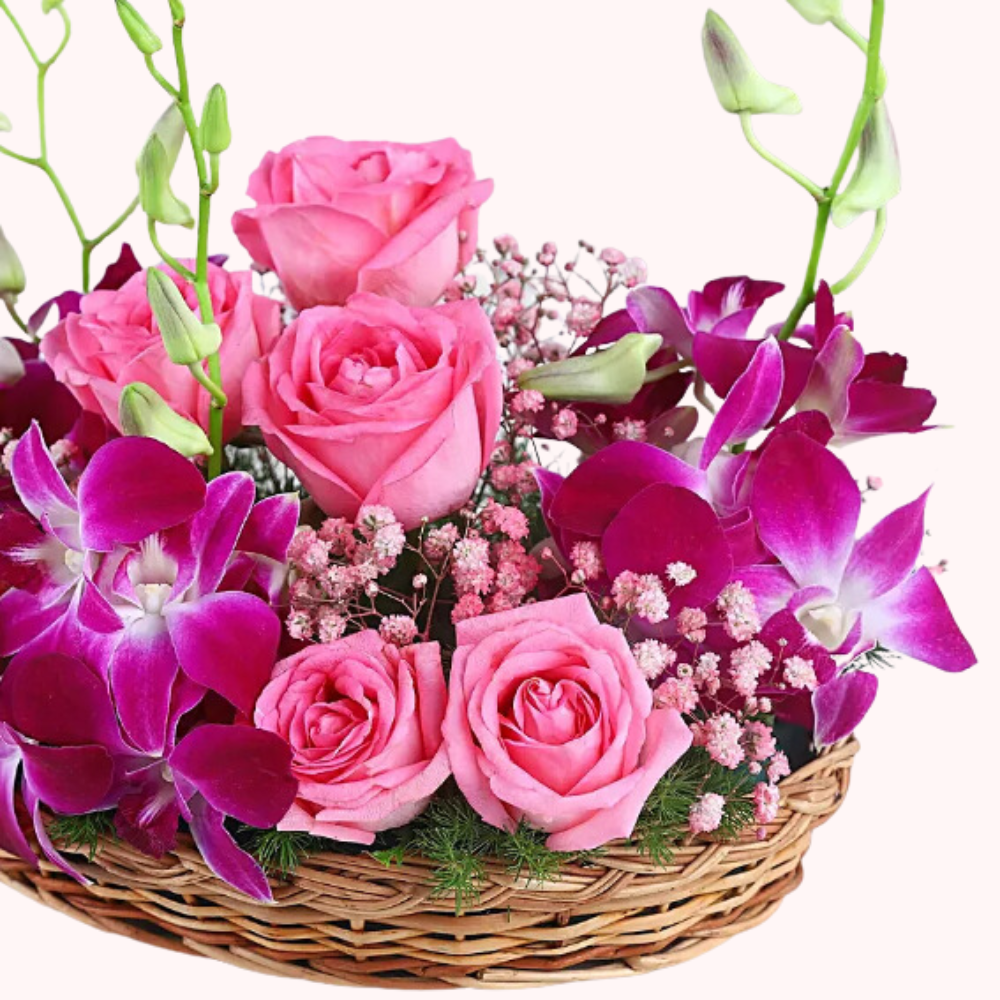 Elegant Pink Rose and Orchid Basket