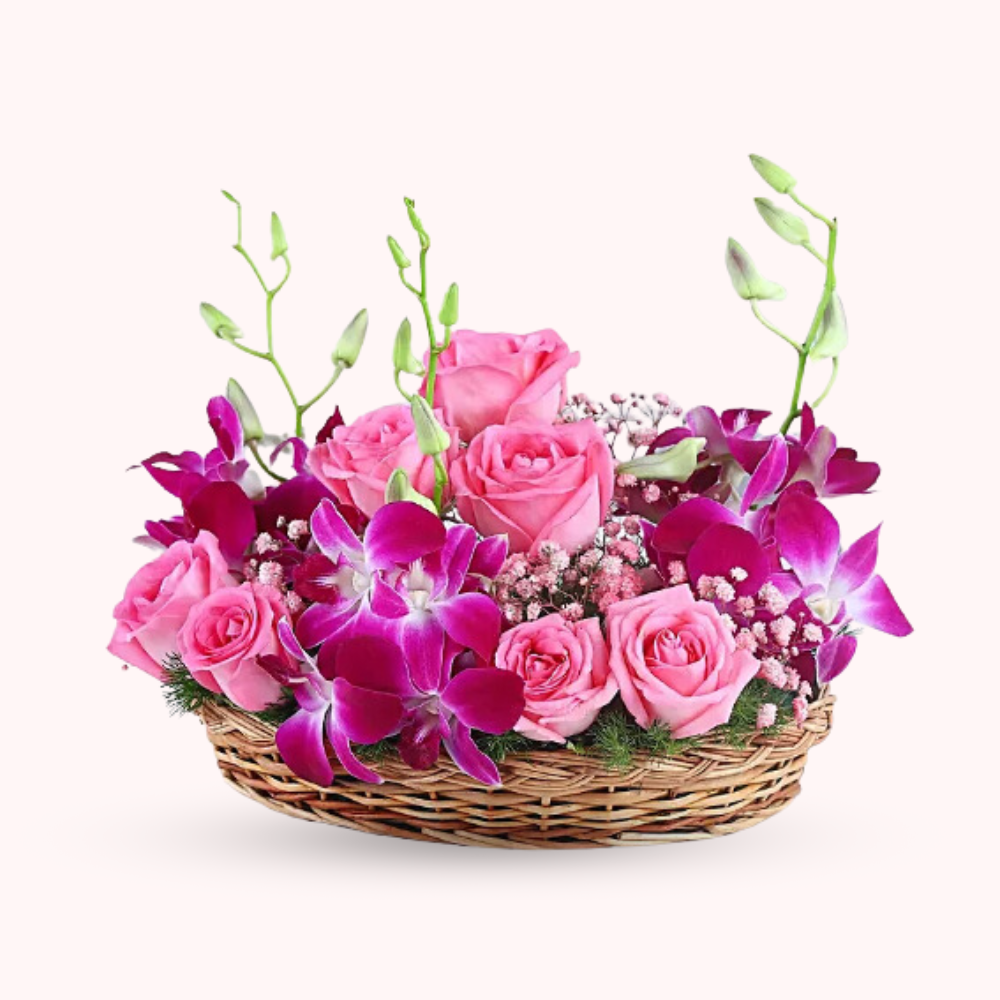 Elegant Pink Rose and Orchid Basket