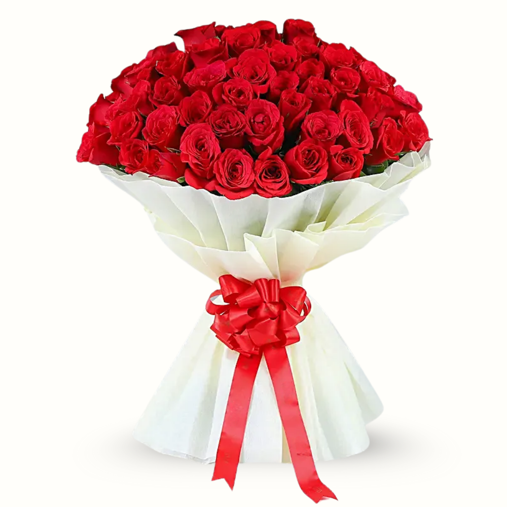 100 Blooming Red Roses Wrapped in White