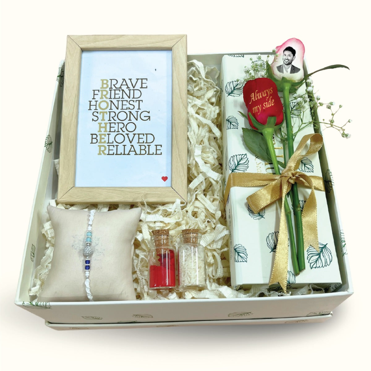 Stylish Beaded Rakhi Gift Box with Photo Frame & Personalized Rose