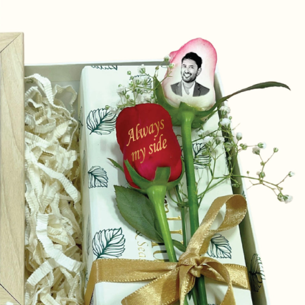 Stylish Beaded Rakhi Gift Box with Photo Frame & Personalized Rose