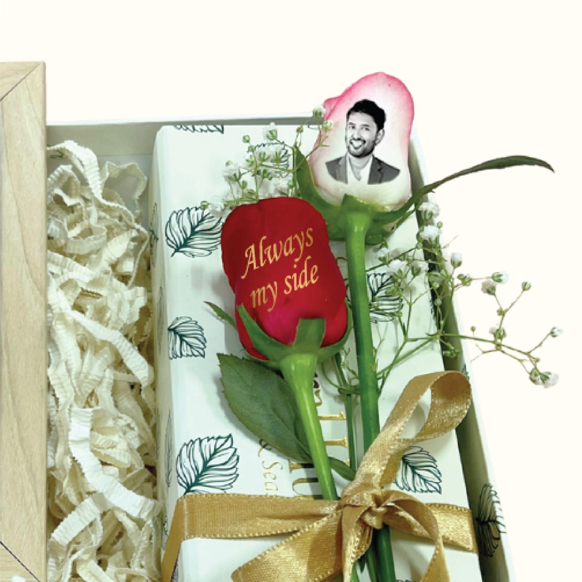 Stylish Beaded Rakhi Gift Box with Photo Frame & Personalized Rose