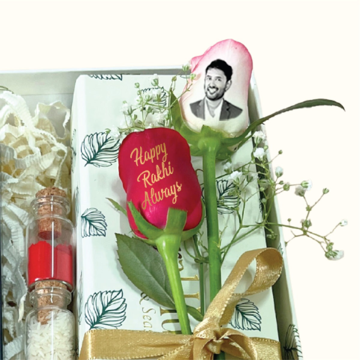 Quirky Beaded Rakhi Hamper with Bold Magnet, Photo Frame & Custom Rose
