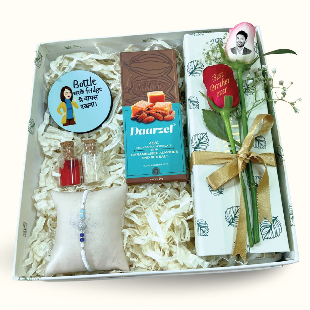 Choco Charm Rakhi Gift Box with Beaded Rakhi, Fridge Magnet & Personalized Rose