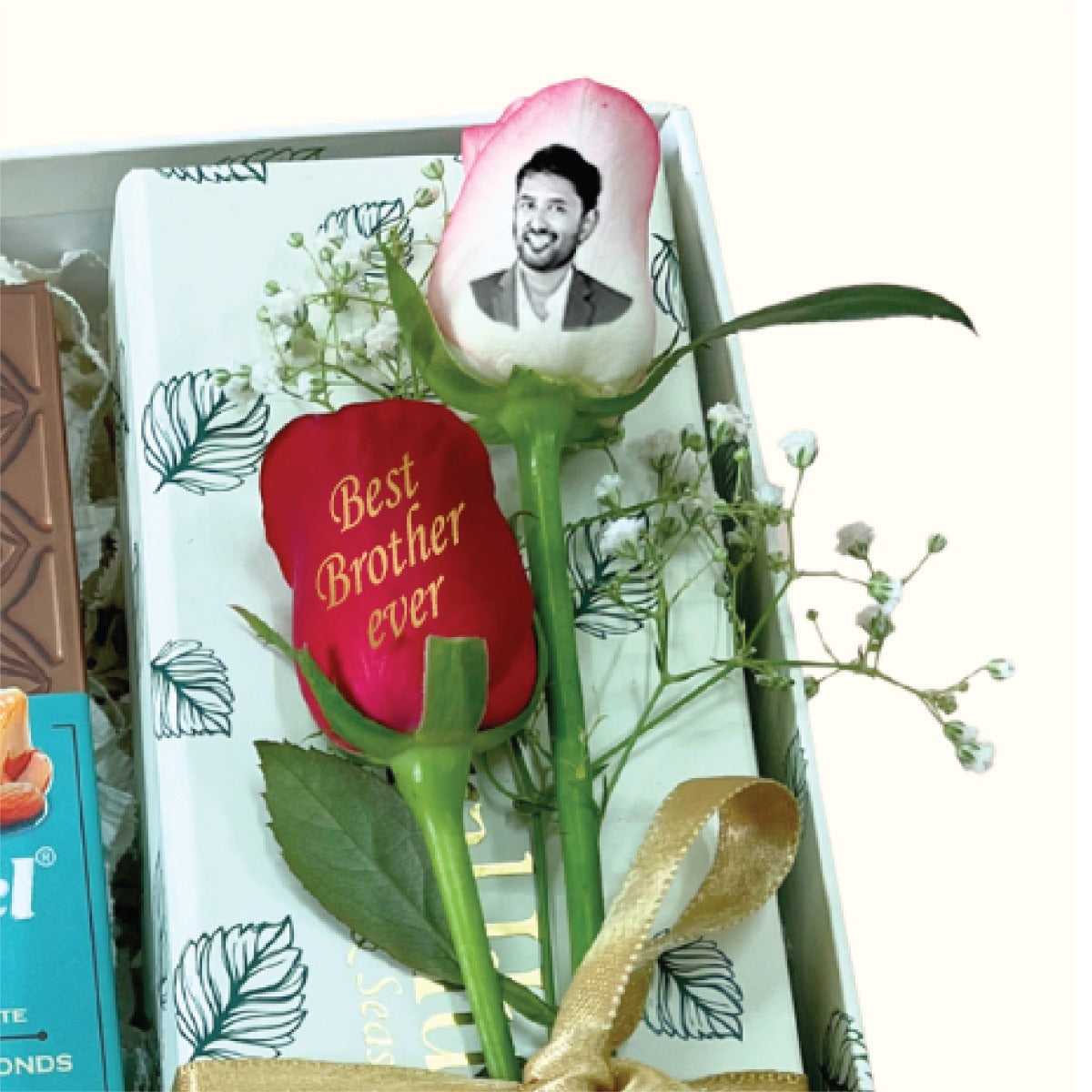 Choco Charm Rakhi Gift Box with Beaded Rakhi, Fridge Magnet & Personalized Rose