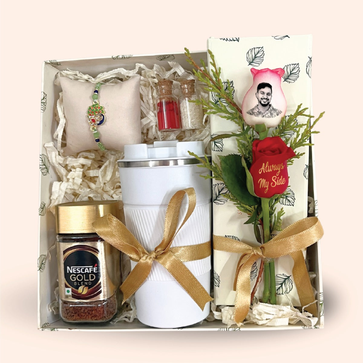 Rakhi Gift for Brother with Coffee Flask & Custom Rose