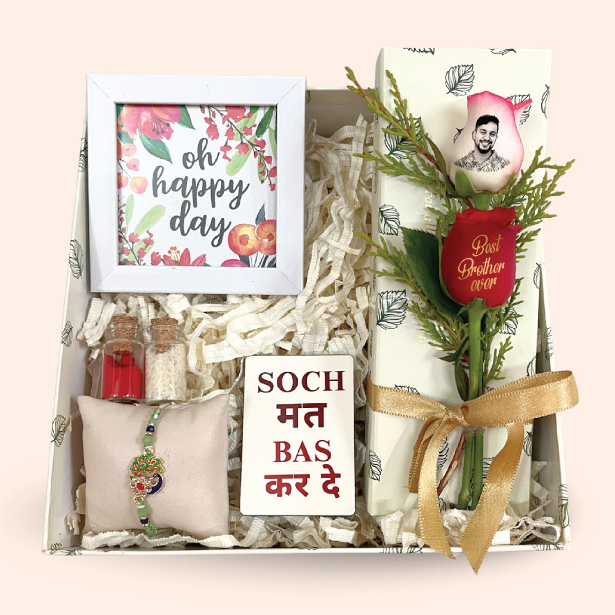 Happy Day Rakhi Gift Box for Brother – Peacock Rakhi & Personalized Rose