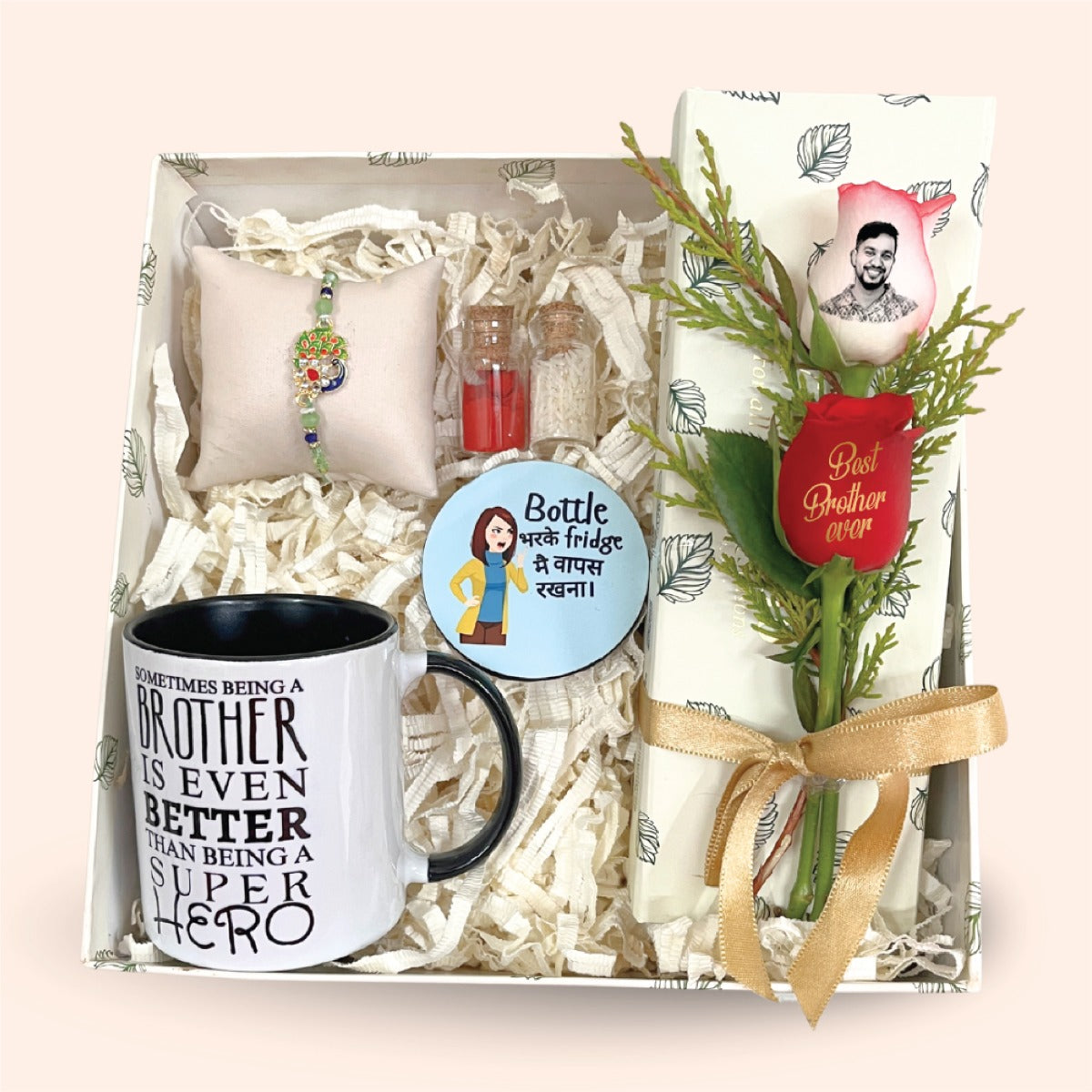 Funny Bro Rakhi Box – Peacock Rakhi, Mug, Magnet & Photo Rose