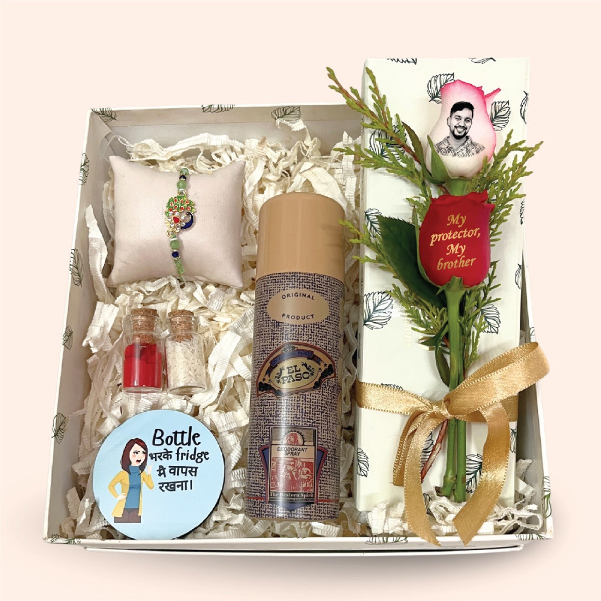 Rakhi Hamper for Brother with Designer Peacock Rakhi, Deo & Personalized Rose