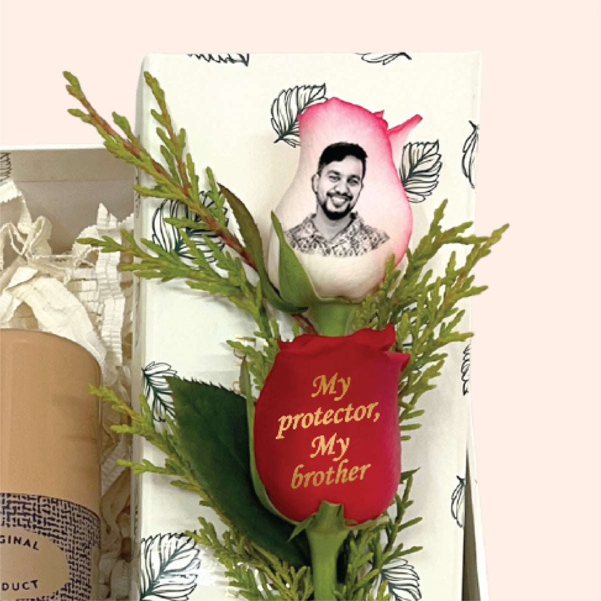 Rakhi Hamper for Brother with Designer Peacock Rakhi, Deo & Personalized Rose