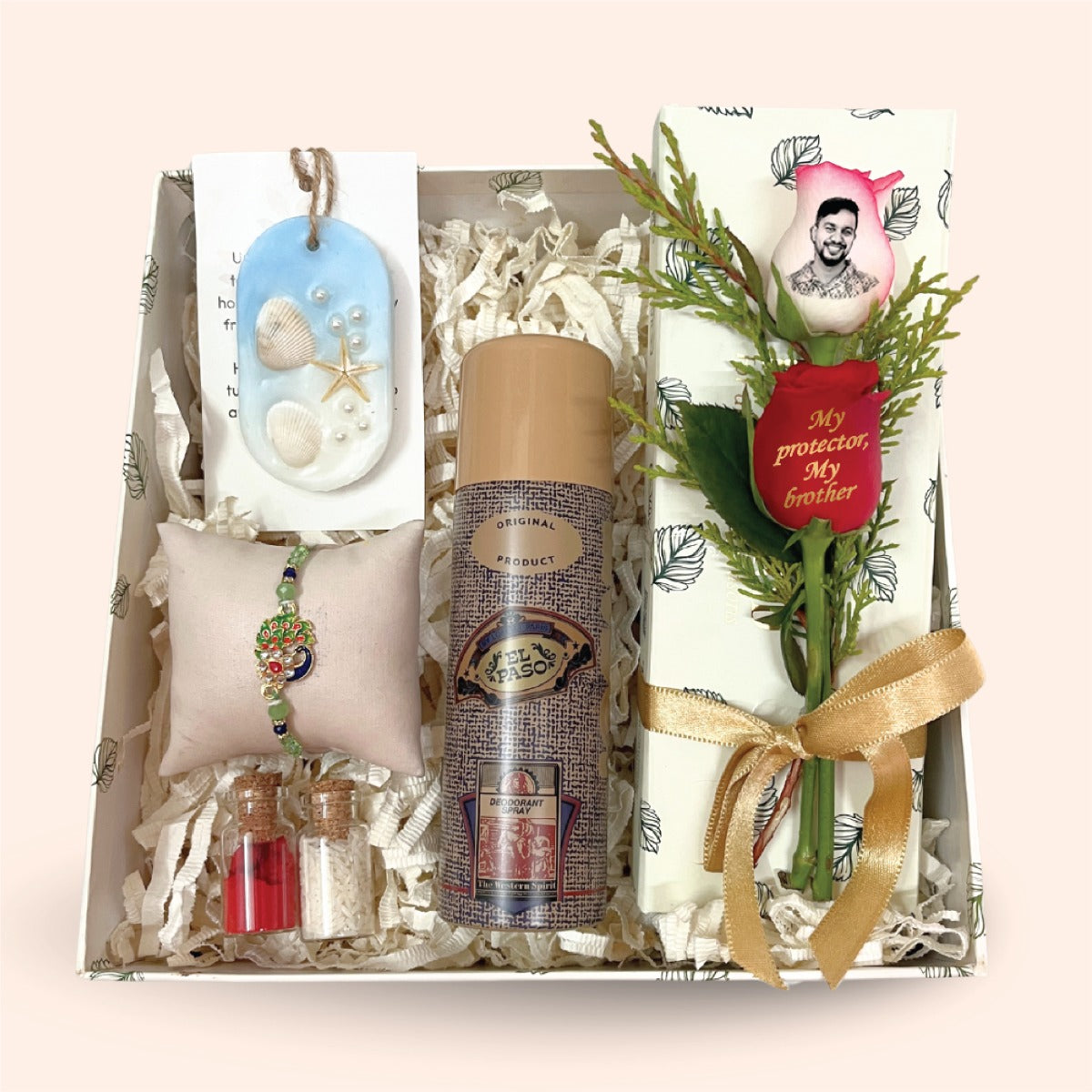 Rakhi Hamper with Photo Rose, Deo, Fragrance Bar & Rakhi for Brother