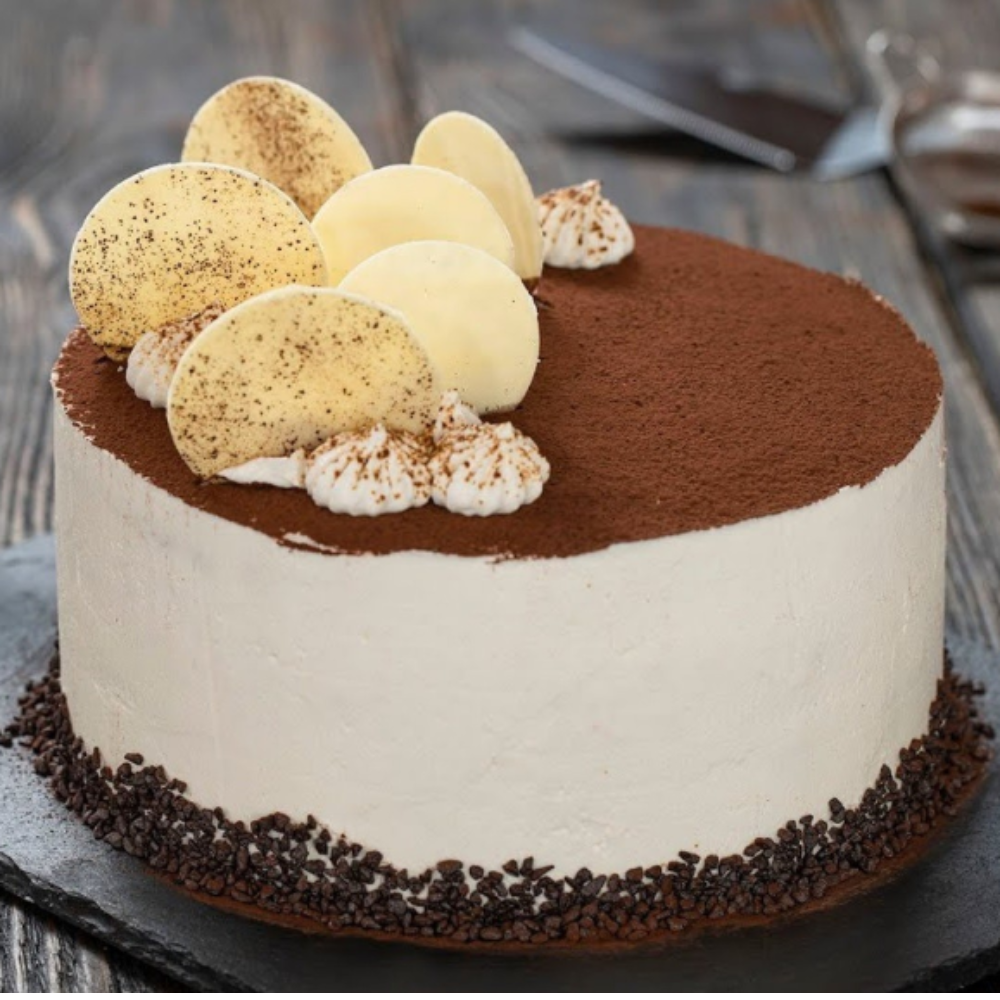 Exquisite Tiramisu Cake with White Chocolate Discs