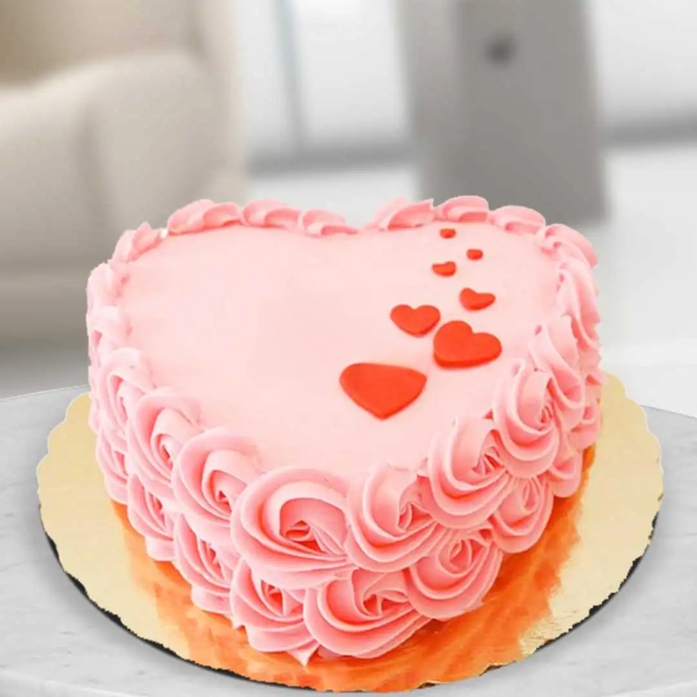Heart-Shaped Pink Rose Cake with Red Hearts