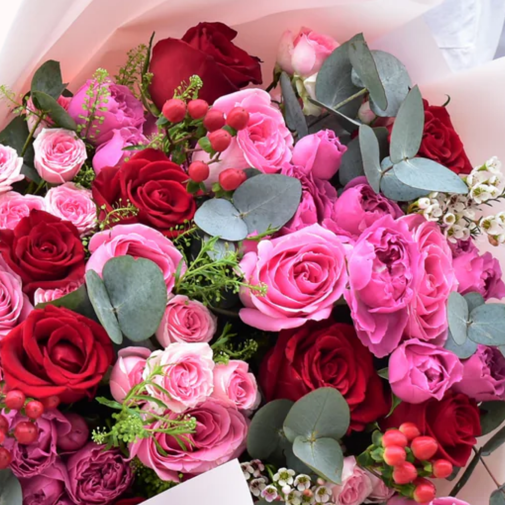 75 Roses – Red, Purple & Baby Pink