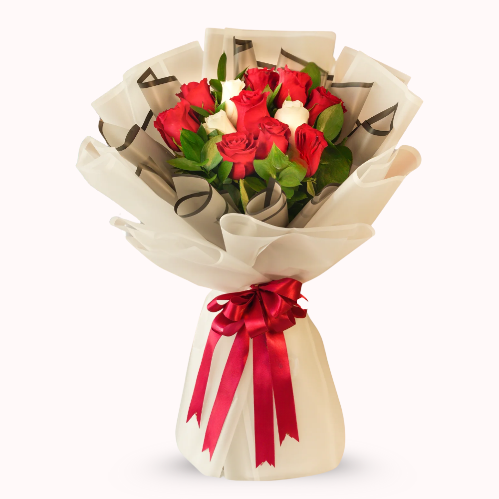 Chic Red & white Roses Bouquet with Baby’s Breath