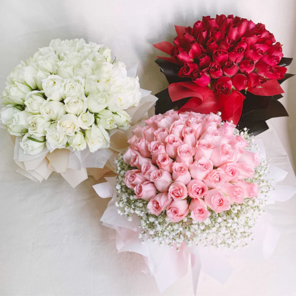 Combo of 3 Elegant Bouquets: Red, White & Pink Roses