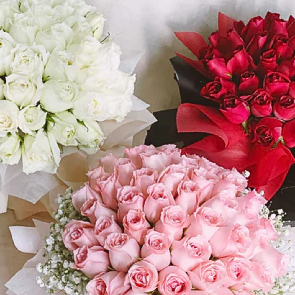 Combo of 3 Elegant Bouquets: Red, White & Pink Roses