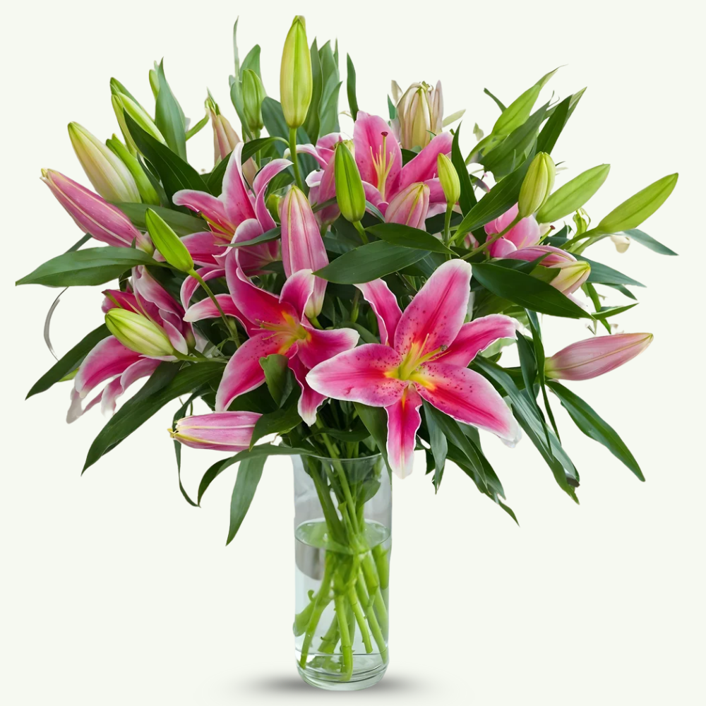 Elegant 8-Stem Oriental Lily Bouquet in Glass Vase