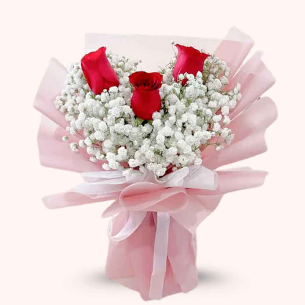 Floral Hub 3 Red Roses with Baby's Breath